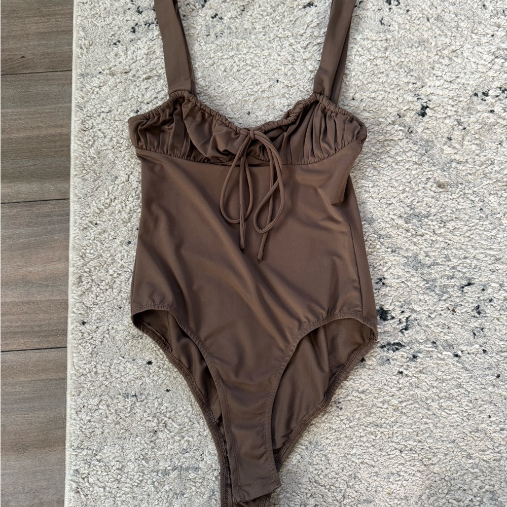 White Fox Boutique Brown Ruffle-Trim Bodysuit